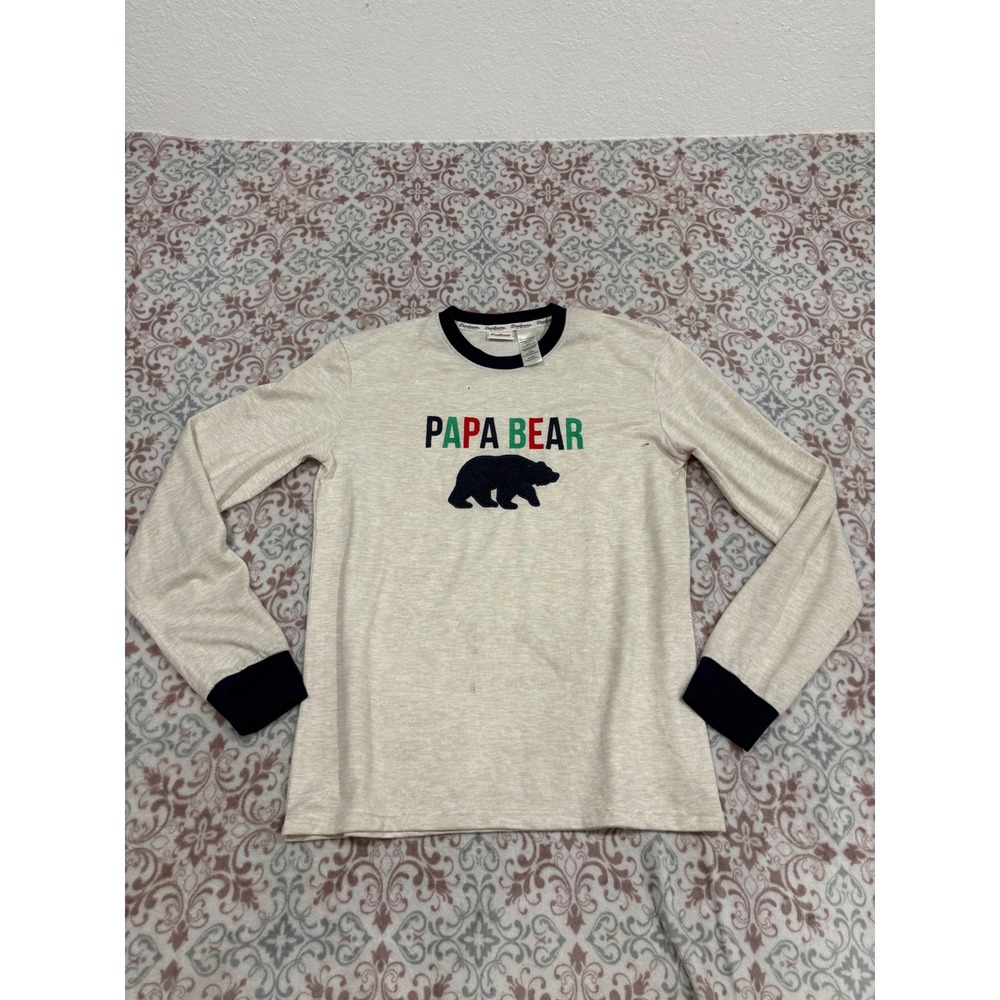 Dearfoams Papa Bear Pajama Top Mens Small Cream NavyBlue Long Sleeve Sleep Shirt